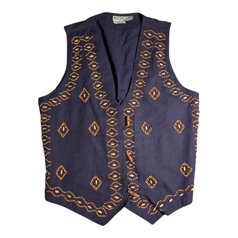 Vtg 1990s Khazana Navy Blue 100% Cotton Brown Beaded Toggle Closure Vest Sz M
